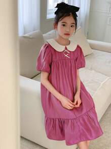 DAZY Gaun Lengan Pendek Tenun Motif Wajah Boneka dan Pita Warna Kontras untuk Anak Perempuan, Musim Panas, Pakaian Kembali ke Sekolah - Hot Pink - View 5