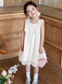 DAZY Young Girl Plain Color Sleeveless Bowknot Strap Minimalist Fashion Summer Dress - White - View 6