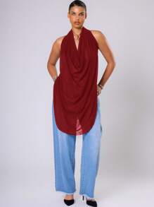 MUSERA Plus Chiffon Extreme Cowl Neck Backless Top Sexy, Club - Burgundy - View 3