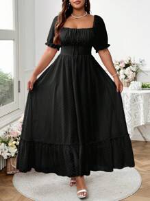 Flirla Plus Size Sweet Romantic Pink Square Neck Bowknot Ruffle Hem Long Dress Easter Wear - Black - View 6
