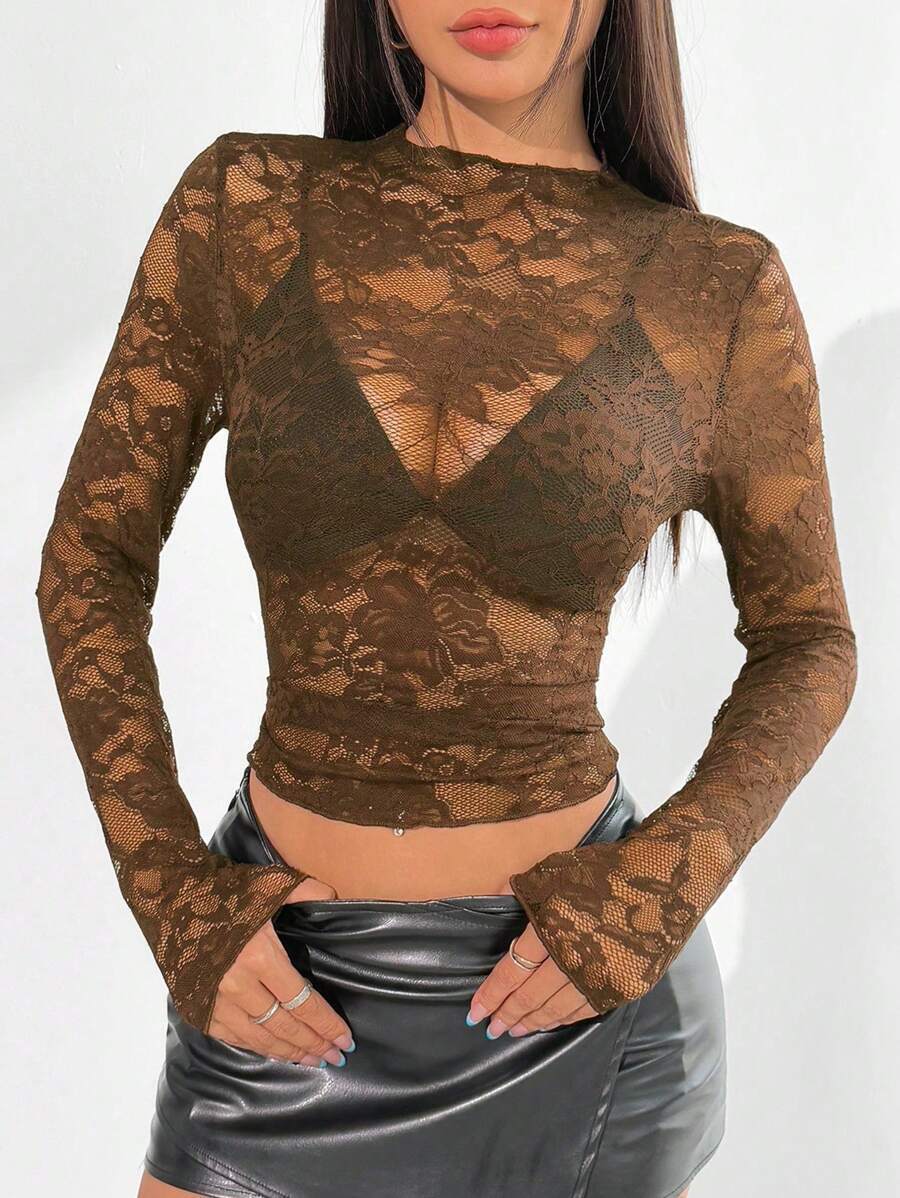 SHEIN PETITE 女士蕾丝透明性感夜店装上衣 - 咖啡棕 - 查看 1