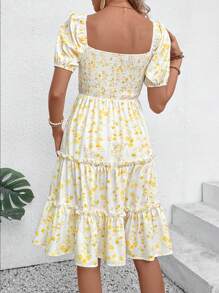 Breezaya Abito da donna a collo quadrato semplice e alla moda con maniche corte, adatto per l'estate, abito giallo da donna