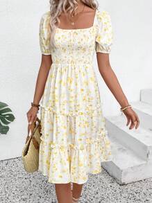 Breezaya Abito da donna a collo quadrato semplice e alla moda con maniche corte, adatto per l'estate, abito giallo da donna