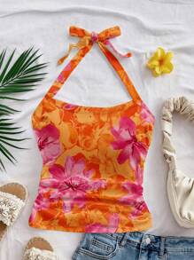 Soleia 女士度假露背褶皱修身背心，适合夏季假期，橙色大花卉印花，复古风格，休闲度假风格，性感，可爱，Y2K 椰子女孩，波西米亚风，音乐节 - 彩色 - 查看 5
