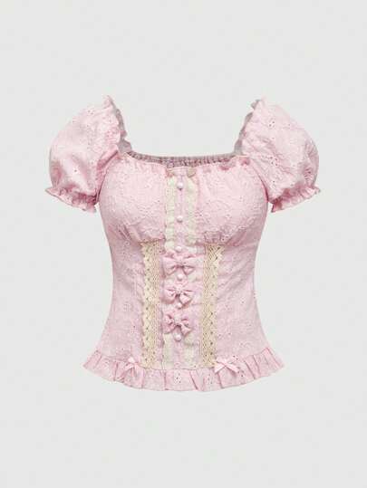 Kawaii Moe Style Princess Cute Bow Decor Waist Blouse For Women