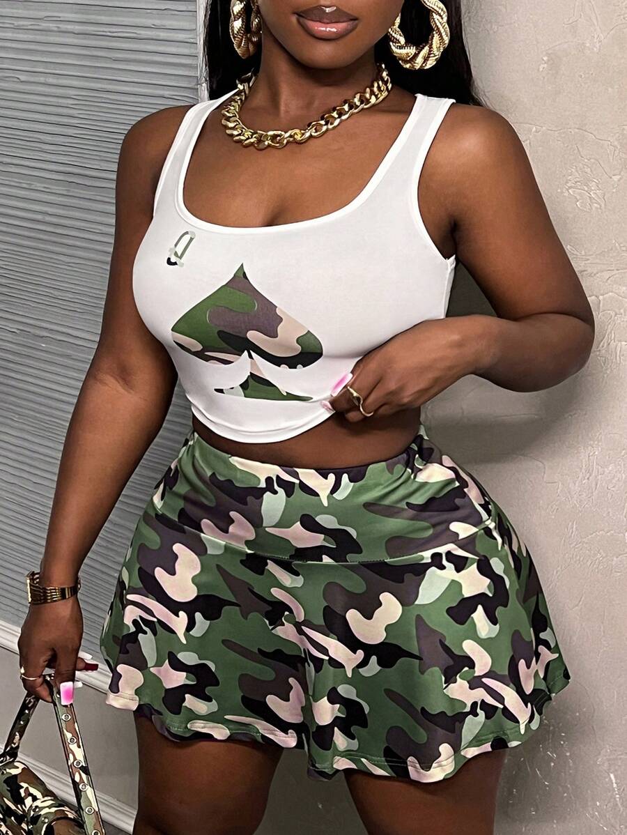 Slaydiva Casual U-Neck Camouflage Heart Q Printed Vest Camouflage Mini A-Line Skirt Women's Plus Two-Piece Set,Holiday Outfits