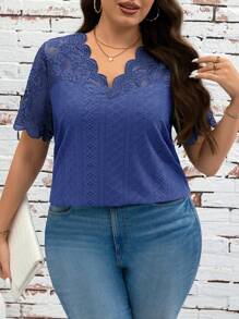 SHEIN Clasi Plus Size Casual Solid Color Lace Patchwork Short Sleeve T-Shirt - Blue - View 3
