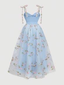 SHEIN MOD 大码女式网眼刺绣细肩带连衣裙飘逸连衣裙挤奶女工连衣裙、紧身胸衣连衣裙 - 淺藍色 - 查看 2