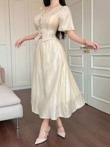 DAZY Set de 2 piezas para mujer: Blusa de manga abullonada con textura de unicolor y falda