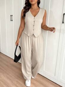 SHEIN Frenchy 大码女式西装背心设计休闲长裤套装 - 杏色 - 查看 4