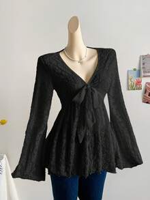 Soleia Women's Vacation Lace Blouse With Front Tie And Bell Sleeves - Black - View 5