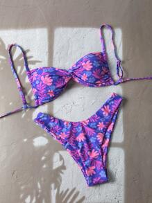 Elavelle Springbreak 女士随机银色印花细肩带扭结高开叉性感比基尼套装 夏季 - 彩色 - 查看 3