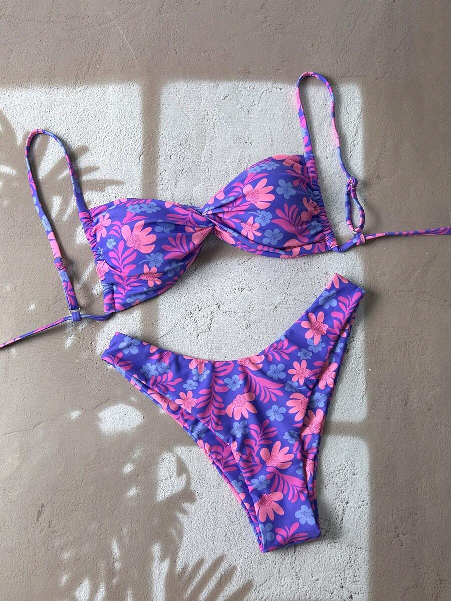 Swim Mod Damen Bikini-Set für den Frühling mit zufälligem Silberdruck, Spaghetti-Träger, Twist-Knoten und hohem Beinausschnitt, sexy für den Sommer