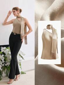 MOTF PREMIUM SILK ASYMMETRICAL NECK TOP - Khaki - View 7