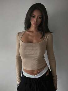 DAZY Women's Long Sleeve Mock Neck Bodycon Fitted T-Shirt - Khaki - View 6