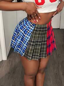 SHEIN PETITE Summer Fashion Color Blocking Plaid Pleated Skirt - Multicolor - View 3