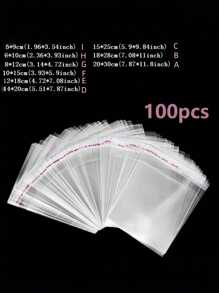 SHEIN 100 piezas, Bolsas de plástico transparente a prueba de polvo con adhesivo, con talla grande de diez tamaños para elegir y usar para accesorios pequeños, hornear, llaveros, colgantes, tarjetas, suministros de envasado de regalos festivos, bolsas de almacenamiento transparentes, bolsas de embalaje, Día de San Valentín, Valen