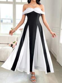 Modelyn Women's Color Block Off Shoulder Ruched Dress, Elegant Luxury Evening Dresses For Weddings  Summer Outfits For Women   Wedding Guest Dress Women   Airport Outfit For Women  Off The Shoulder - Black and White - View 4