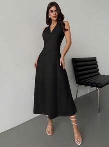 Firerie Vestido elegante y minimalista de mujer con escote en V, cintura ceñida y línea A de largo medio, apropiado para el uso diario - Negro - Ver 4