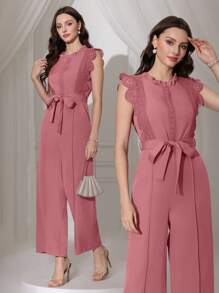 Modelyn Damen einfarbiger Jumpsuit mit Spitzen Patchwork, ärmelos, mit Gürtel und weitem Bein