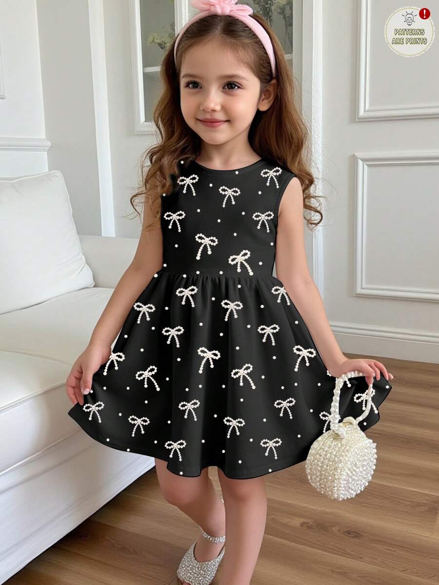 SHEIN Váy midi đen in nơ chấm bi thanh lịch, váy dài không tay tối giản giản dị cho bé gái, phù hợp cho mùa hè - Nhiều màu - Xem 1