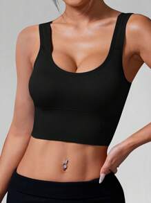 Easithlete Solid Ribbed Knit Sports Push Up Bra - Black - View 3