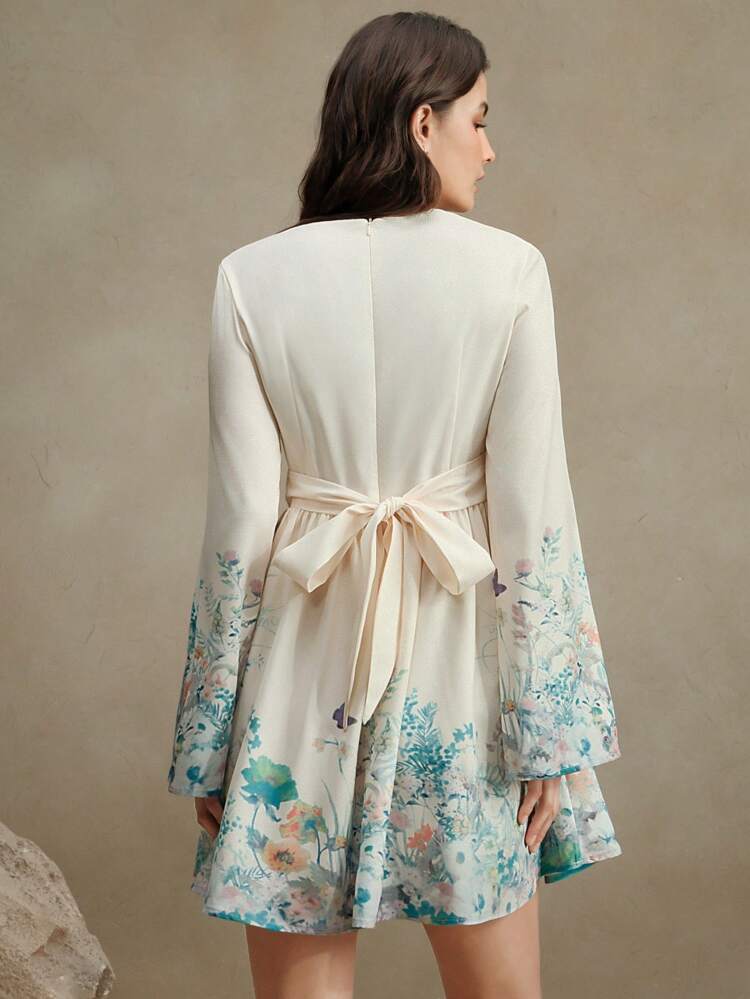 Elegant Floral Print V-Neck Tie-Front Flare Sleeve Vacation Dress, Boho Floral Dress, Spring/Summer Outfit For Women