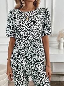 Chiquease Women Leopard Print Ruffle Hem Round Collar Short Sleeve Top And Pants Casual 2pcs Set, Spring Summer - Multicolor - View 3
