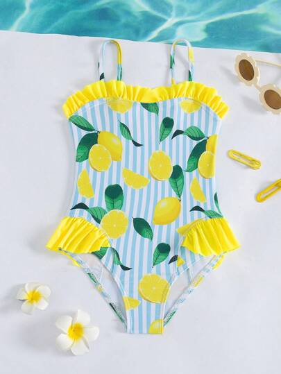 SHEIN بدلة سباحة قطعة واحدة مع شريط للفتاة الصغيرة في الإجازة على الشاطئ، طباعة ليمون وكشكشة على الحافة، طباعة عشوائية