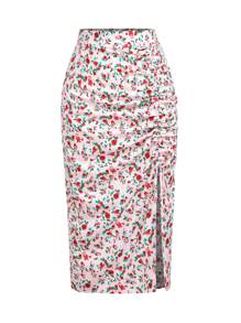 Sunnyshic Plus Size Women's Summer Casual Romantic Floral Beach Holiday Side Slit Drawstring Skirt, Comfortable Casual Cute Fabric, Suitable For Daily Commute, Home, Outing And Vacation In Summer