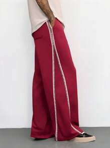 Manfinity VCAY Unisex Street Style Knitted Split Hem Letter Tape Decor Mid-Rise Drawstring Loose Sweatpants, Suitable For Everyday Wear - Red - View 2