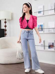 SHEIN Leap Crew Áo khoác len ngắn tay màu trơn giản dị cho bé gái tuổi mới lớn - Màu Hồng Tươi - Xem 3