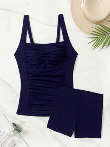 SHEIN Swim 2pcs/Set Summer Pleated Color-Block Camisole Crop Top And Low-Rise Briefs Elegant Bikini Set - Royal Blue - View 3