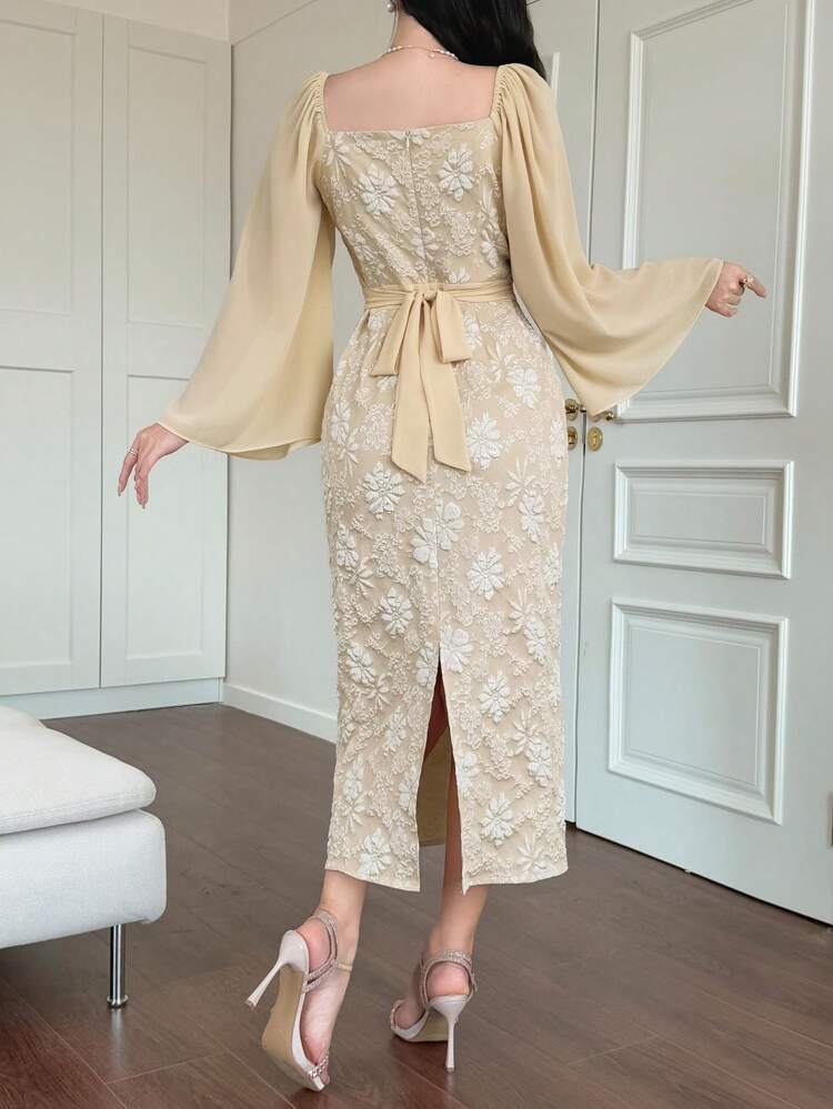 Women's Elegant Long Sleeve Midi Dress With Jacquard Square Collar, Suitable For Spring/Fall Events Elegant,Formal Women Dresses Luxury Prom Dress