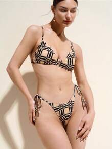 SHEIN Swim 女士金属镂空黄色和黑色格子印花优雅高端泳装比基尼套装，适合海滩度假、社交媒体影响者风格、休闲装、春夏 - 彩色 - 查看 5