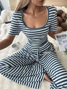 SHEIN Women Casual Striped Print Short Sleeve & Pants Pajama Set  Cozy And Elegant Details - Blue - View 2