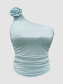 Women Solid Color Asymmetrical Neckline 3D Floral Top - Blue - View 4
