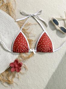 Soleia Summer Outfits For Women,Swim Suits For Women,Vacation Outfits Woman,Beach Outfits For Woman,Beachwear,Women's Red And White Polka Dot Print Contrast Tie Beach Bikini Top With Bow Embellishment - Apricot - View 1