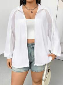 SHEIN Essnce 秋冬大码休闲纯色连帽夹克 - 白色 - 查看 6