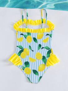 SHEIN Young Girl Vacation Beach One-Piece Swimsuit With Stripe, Lemon Print And Ruffle Hem, Random Print Summer Holiday - Yellow - View 2