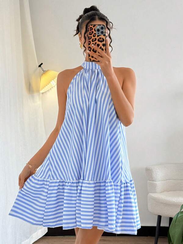 Chiquease Elegant Sleeveless Halter Neck Ruffle Trim Striped Vacation Dress, Spring/Summer