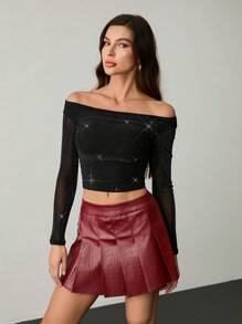 SHEIN Tall 女士闪亮船领派对性感单肩 T 恤上衣 - 黑色 - 查看 7