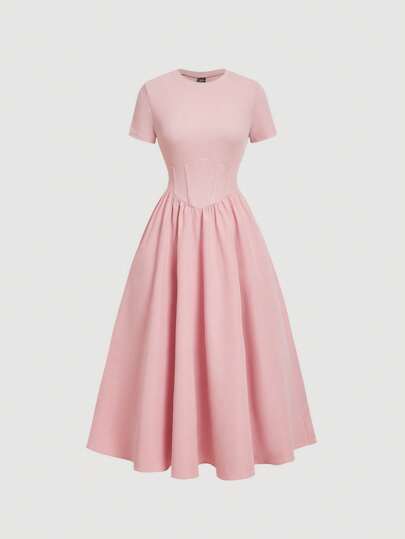 SHEIN MOD Pink Fishbone Pattern Short Sleeve Mid-Length Dress,Office Outfits For Women,Casual,Vacation Dress,Boho,Work Clothes Women,Valentine Outfits