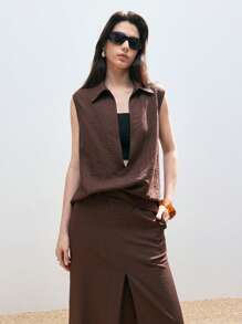 LYSMO Conjunto de 2 piezas de top sin mangas de cuello en V profundo en color marrón sólido y falda midi con bolsillos largos, de tela de lino cómoda, estilo casual de vacaciones, estilo de dinero antiguo, atuendo de viajero urbano, uso diario, uso de oficina.