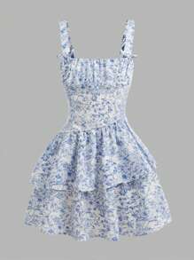 SHEIN Leap Crew Tween Girl 复古印花拼色 V 领荷叶边袖度假连衣裙 - 黑與白 - 查看 4