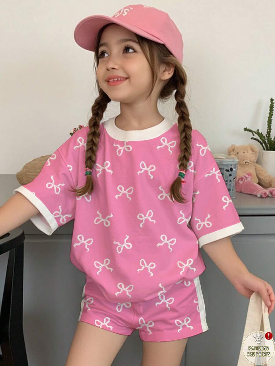 SHEIN 2Pcs Cute Sweet Pink Bow Printed Young Girl Casual Shorts Suit, Colorblock, Suitable For Summer - Multicolor - View 1