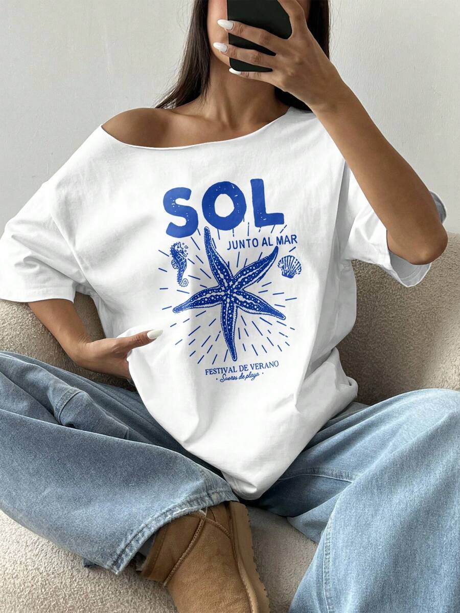 Flirla Luźna, letnia, asymetryczna koszulka z dekoltem w serek i nadrukiem przedstawiającym życie morskie (koniki morskie, rozgwiazdy, muszle), luźny krój T-shirt na lato - Biały - Zobacz 1