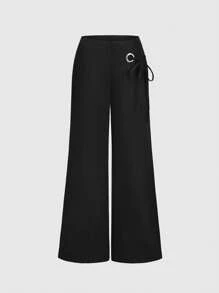TRNVIE Nouveaux pantalons droits décontractés pour femmes de mode d'été, avec décoration métallique asymétrique, sangle de "vieux billets" et ourlet évasé micro-flare