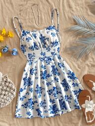 Soleia Vestido mini de tirantes finos con espalda abierta y estampado floral azul y blanco, adecuado como capa inferior para otoño/invierno y para uso en fiestas