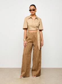 AiiRZ Quần ống rộng Palazzo kẻ sọc cạp cao quần công sở thoải mái, quần công sở đi nghỉ mát mùa hè mùa xuân quần có túi - Nhiều màu - Xem 3